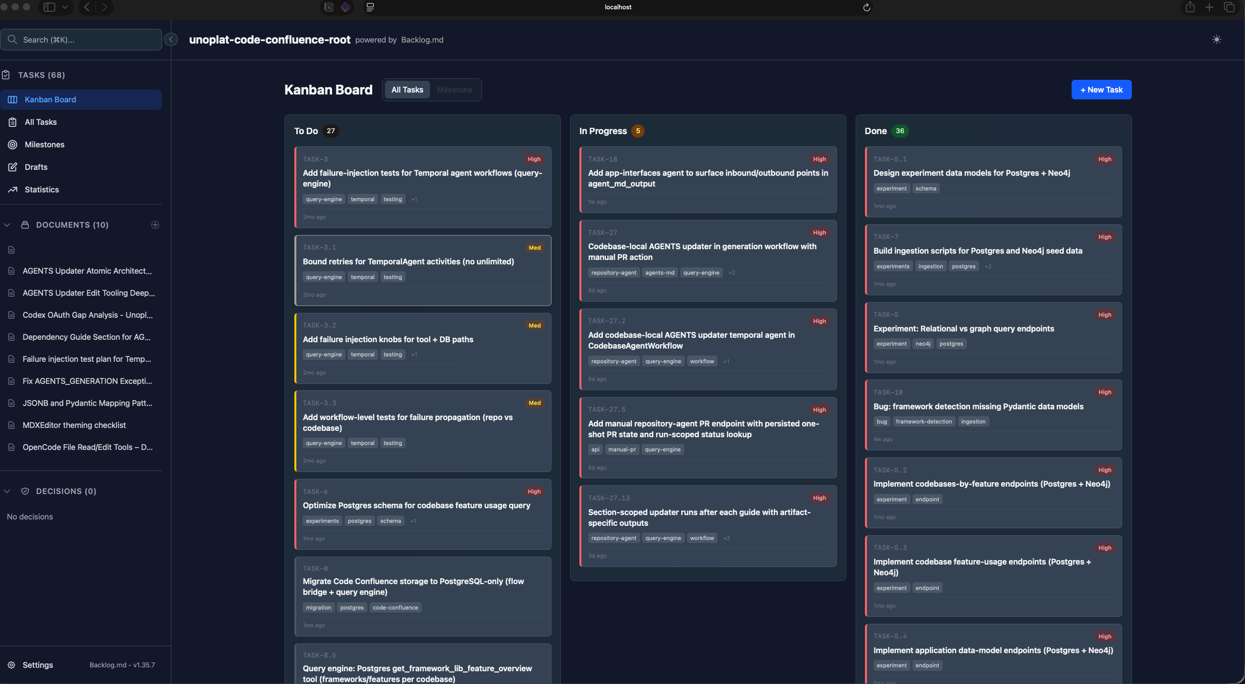 Backlog.md Kanban board showing task workflow