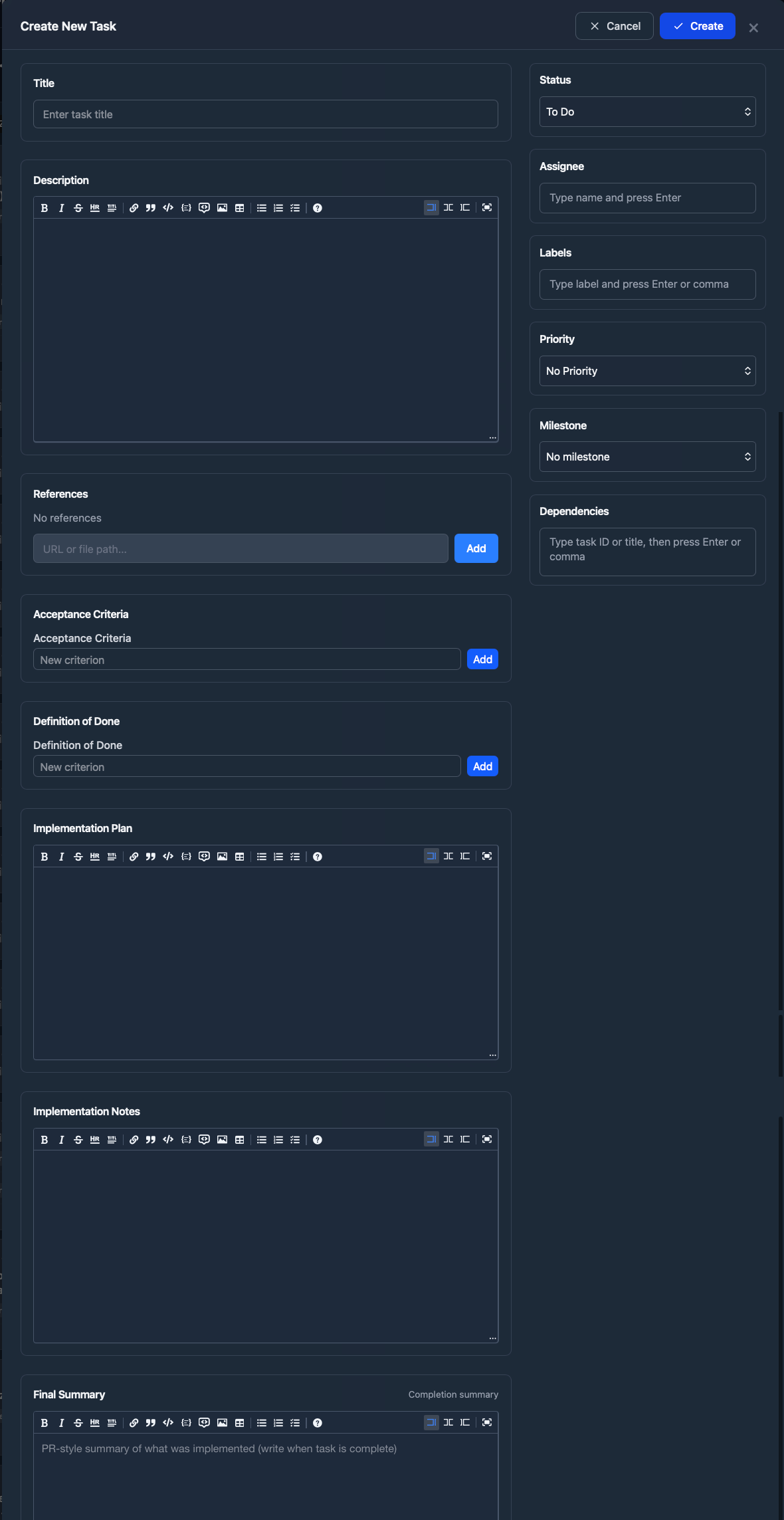 Backlog.md task form showing structured spec fields